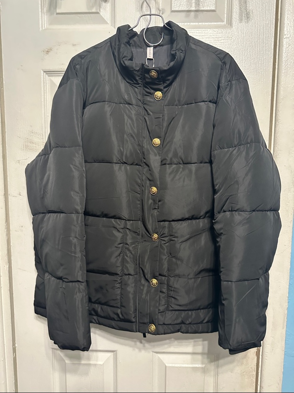 Black Quilted Puffer Jacket with Gold Buttons